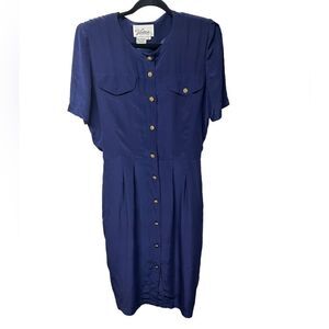 Vintage 100% Silk Victoria Soie Dark Blue Short Sleeve Gold Button Down Dress